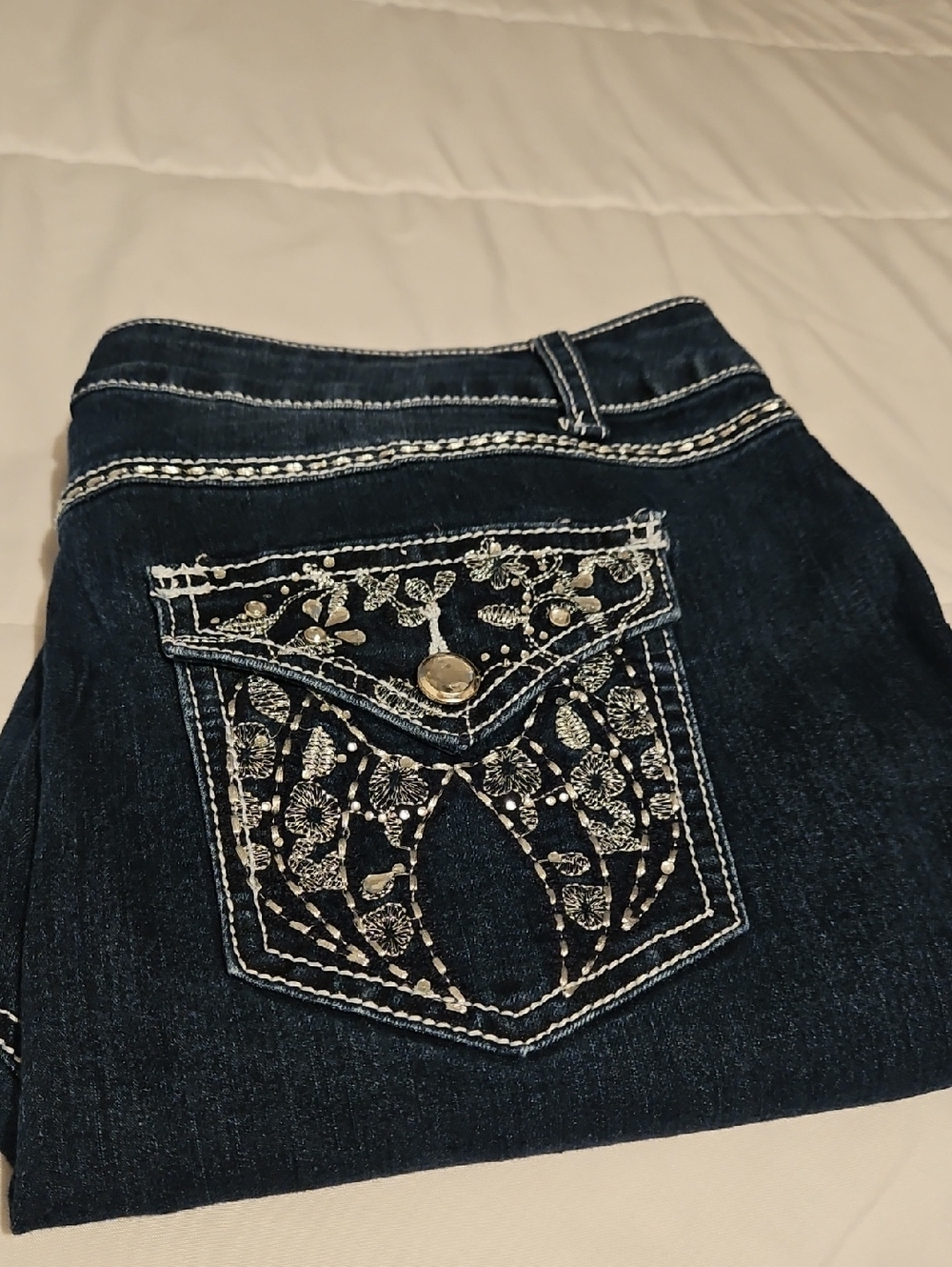 Cato Women's Dark Blue Boot Cut Jeans with White Embroidered Pocket